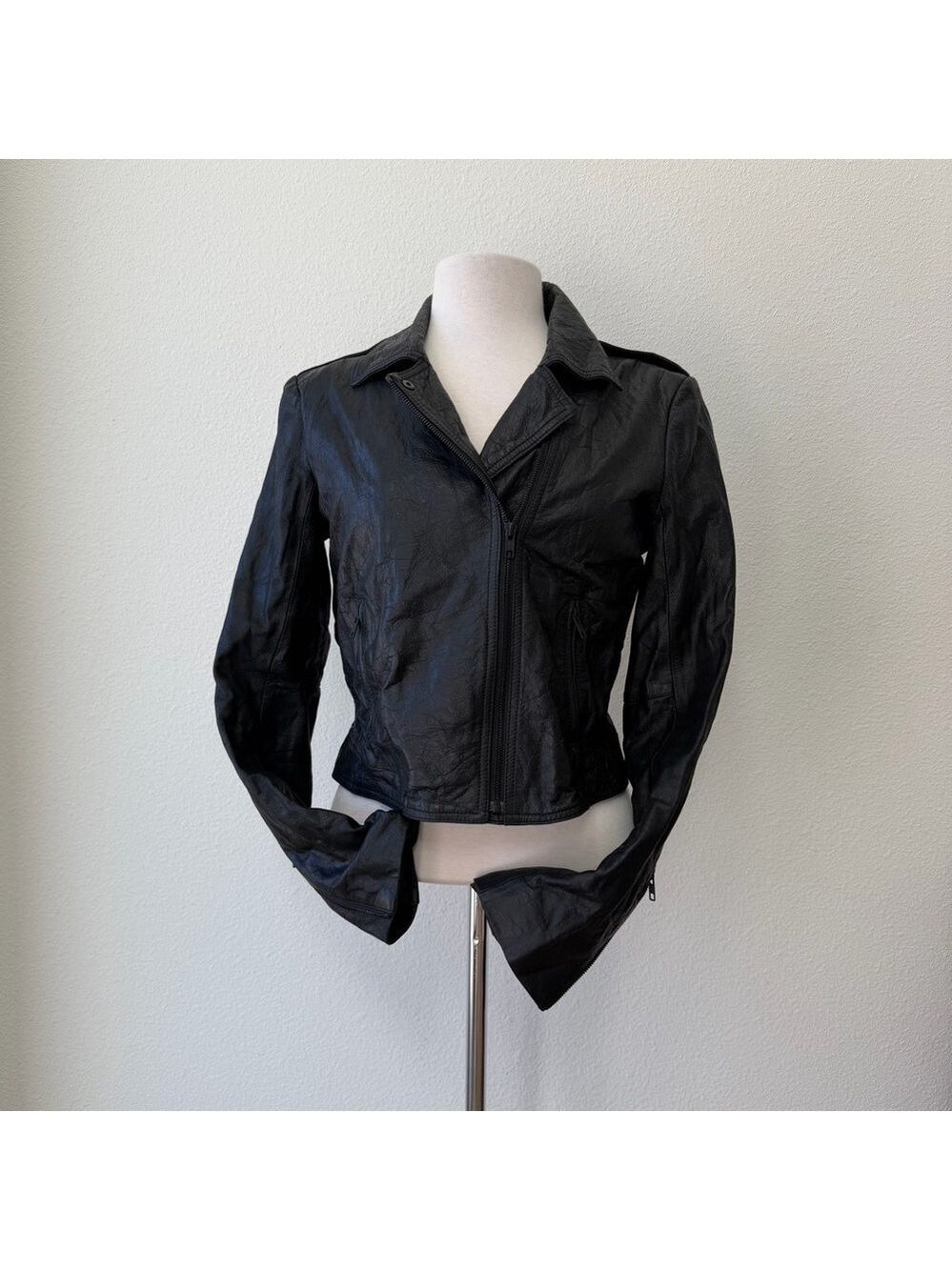 Theory Lamb Leather Biker Moto Crumpled Black Jacket Size L